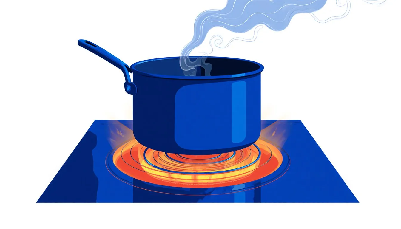 A pot on a glowing stove burner with steam rising, illustrating conduction, convection, and radiation