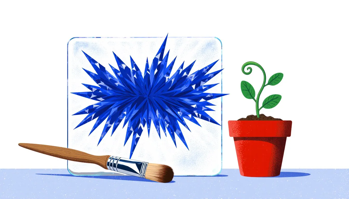 Frosted crystal glass pane, a paintbrush, and a bean seedling in a clay pot representing kid-friendly science fair projects