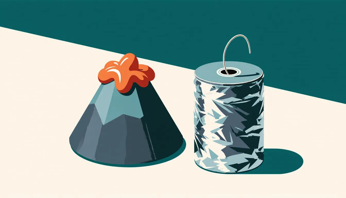 A papier-mâché volcano model erupting beside a foil-wrapped canister battery with a wire, two classic science fair projects.