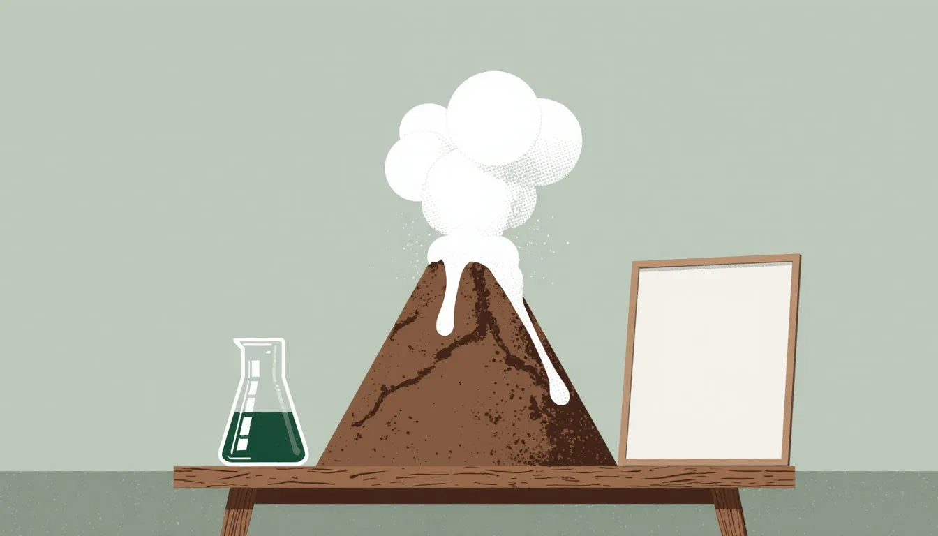 A baking-soda volcano model erupting with foam beside a beaker, a classic science fair project.