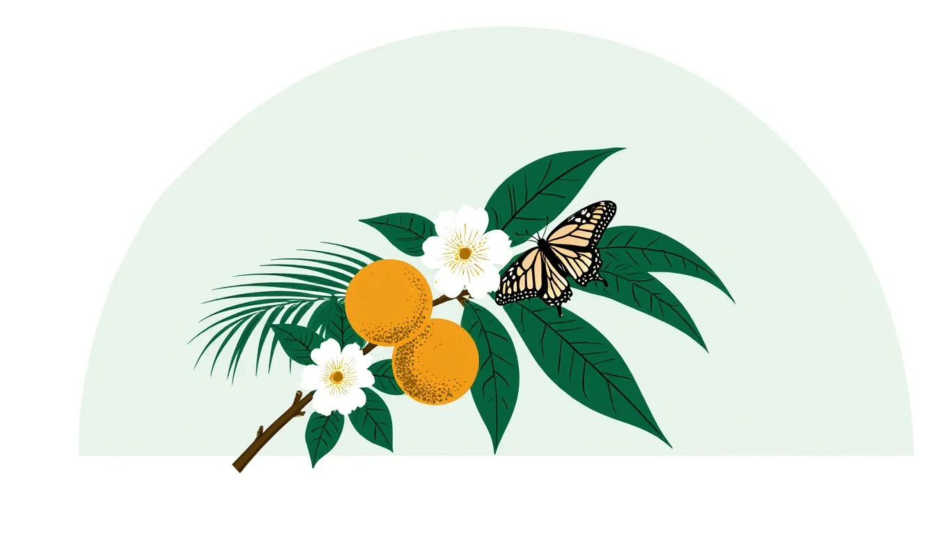 Illustration of orange blossoms, oranges and a butterfly on a leafy branch