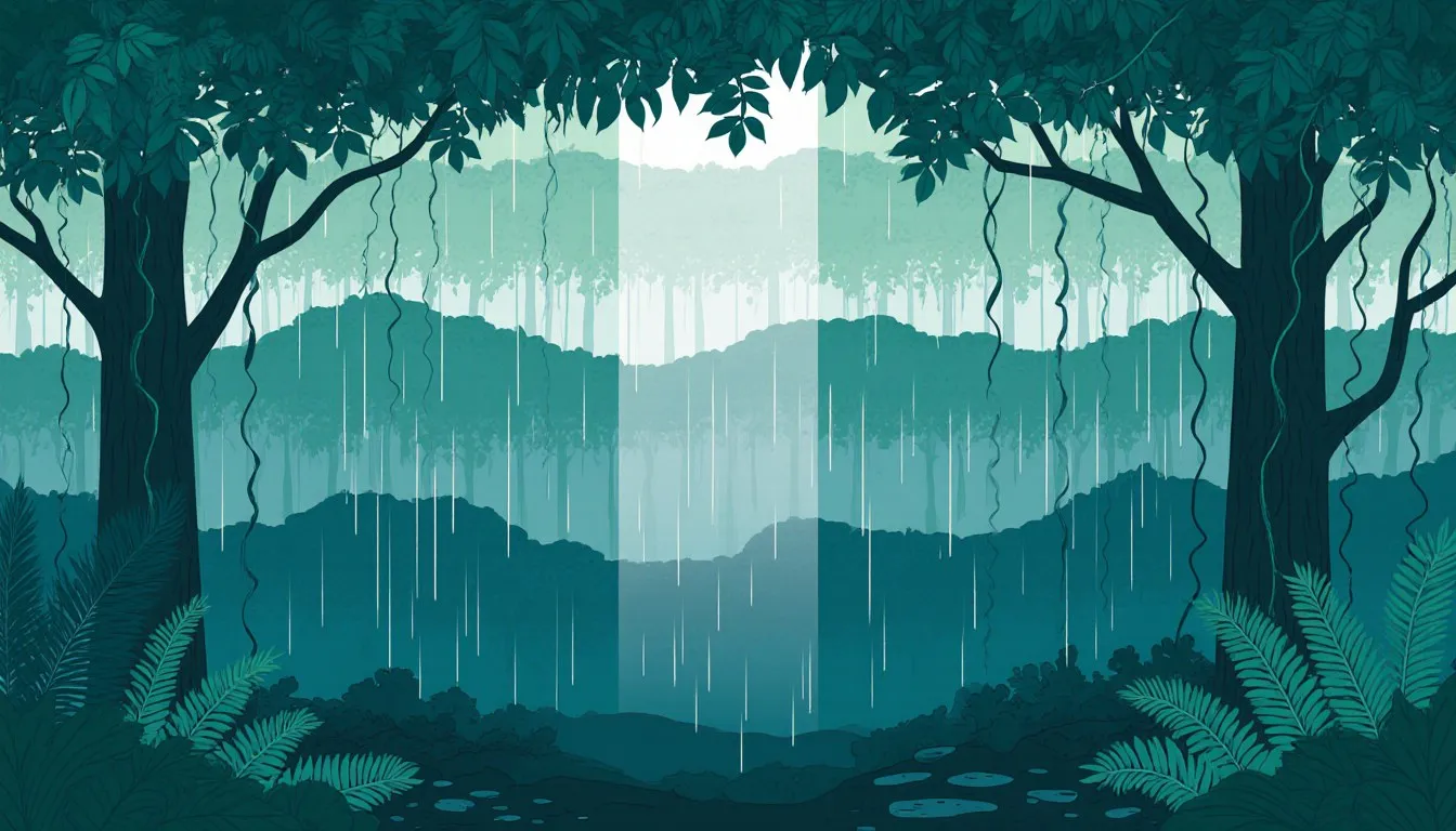 Layered rainforest scene with sunlight and rain filtering through the canopy to a misty forest floor