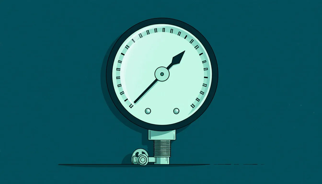 An analog pressure gauge with a dial and needle mounted on a pipe fitting, representing pressure measurement