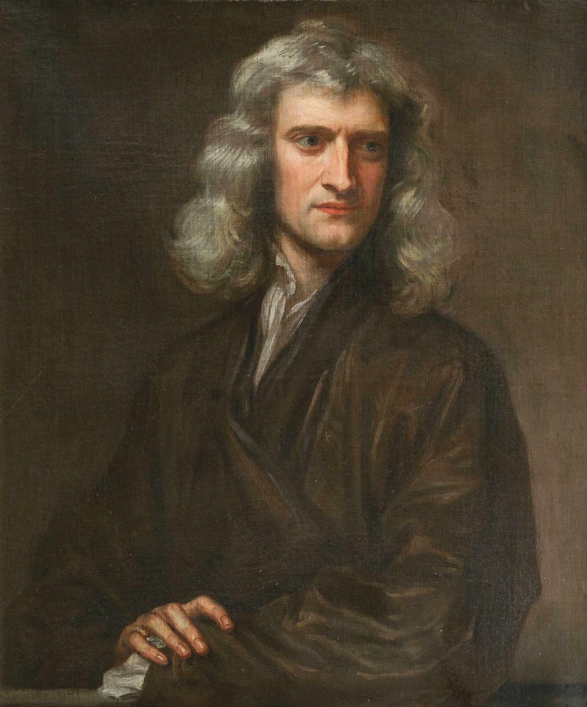 Painted portrait of Isaac Newton with shoulder-length hair