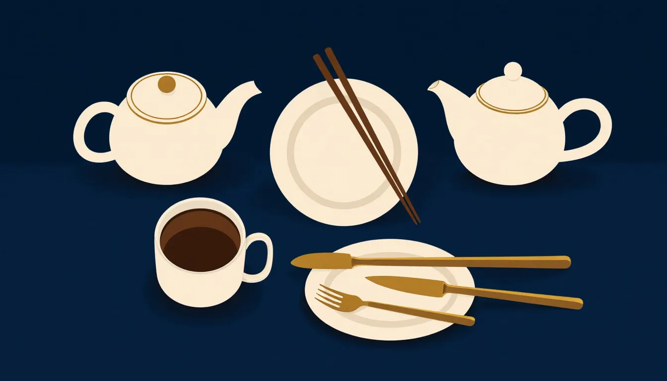 A teapot and coffee pot, chopsticks and a fork, arranged together on one shared table setting