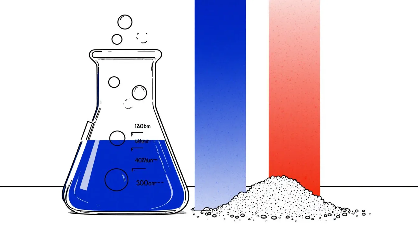 A beaker of reacting liquid beside a color-changing litmus strip and a small mound of salt crystals