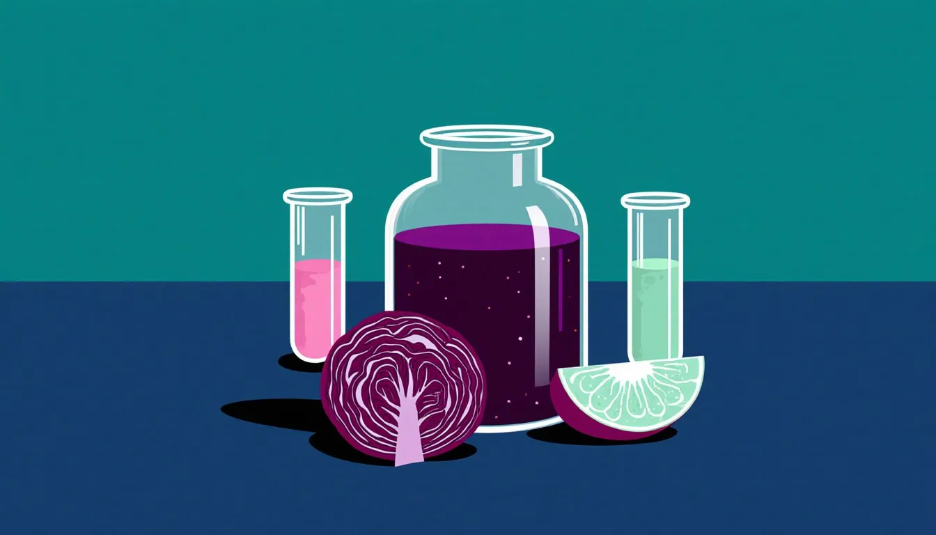 A jar of purple cabbage-juice indicator beside vials turned pink and green by acid and base.