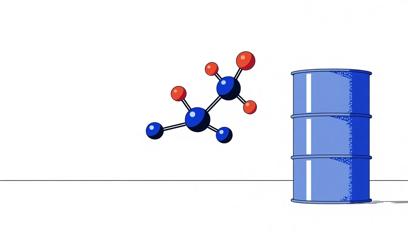 Illustration of an acrylic acid molecule's chemical structure beside an industrial storage drum