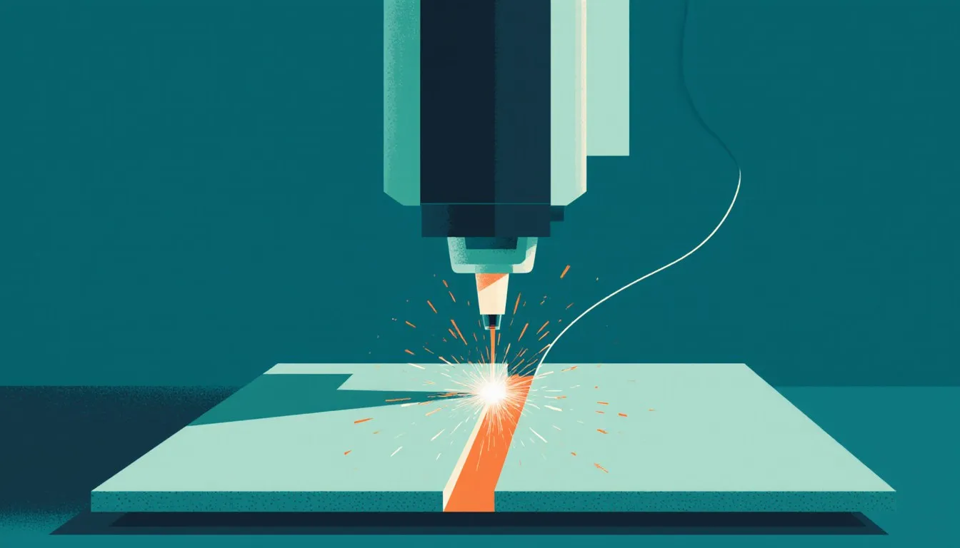 A laser cutting head slicing a glowing precise line through a sheet of metal, sparks flying at the cut point