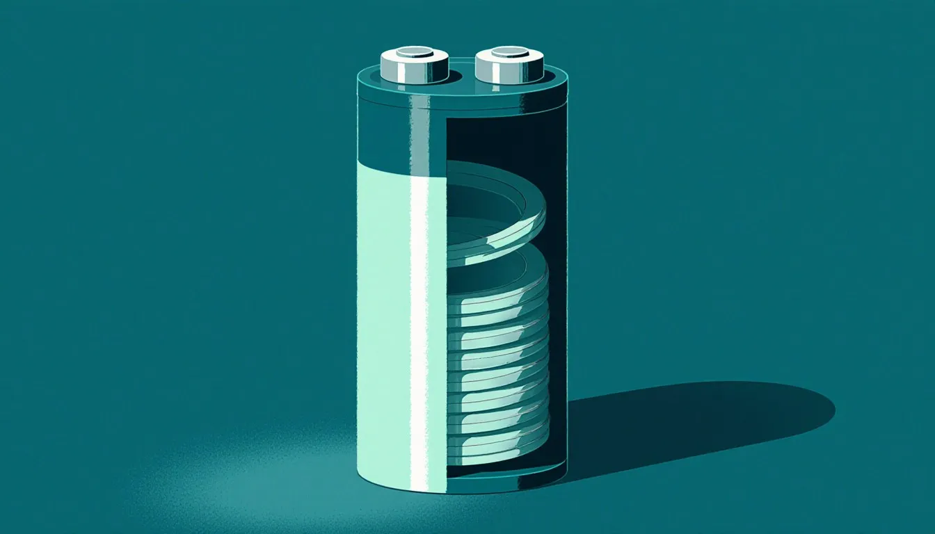 A cutaway illustration of a cylindrical lithium-ion battery cell revealing its spiral-wound internal layers.