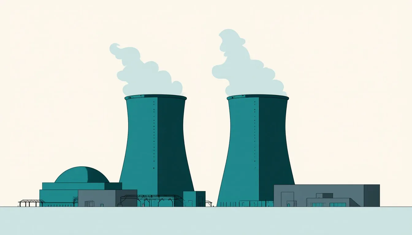 Illustration of a nuclear power plant with hourglass cooling towers releasing steam plumes