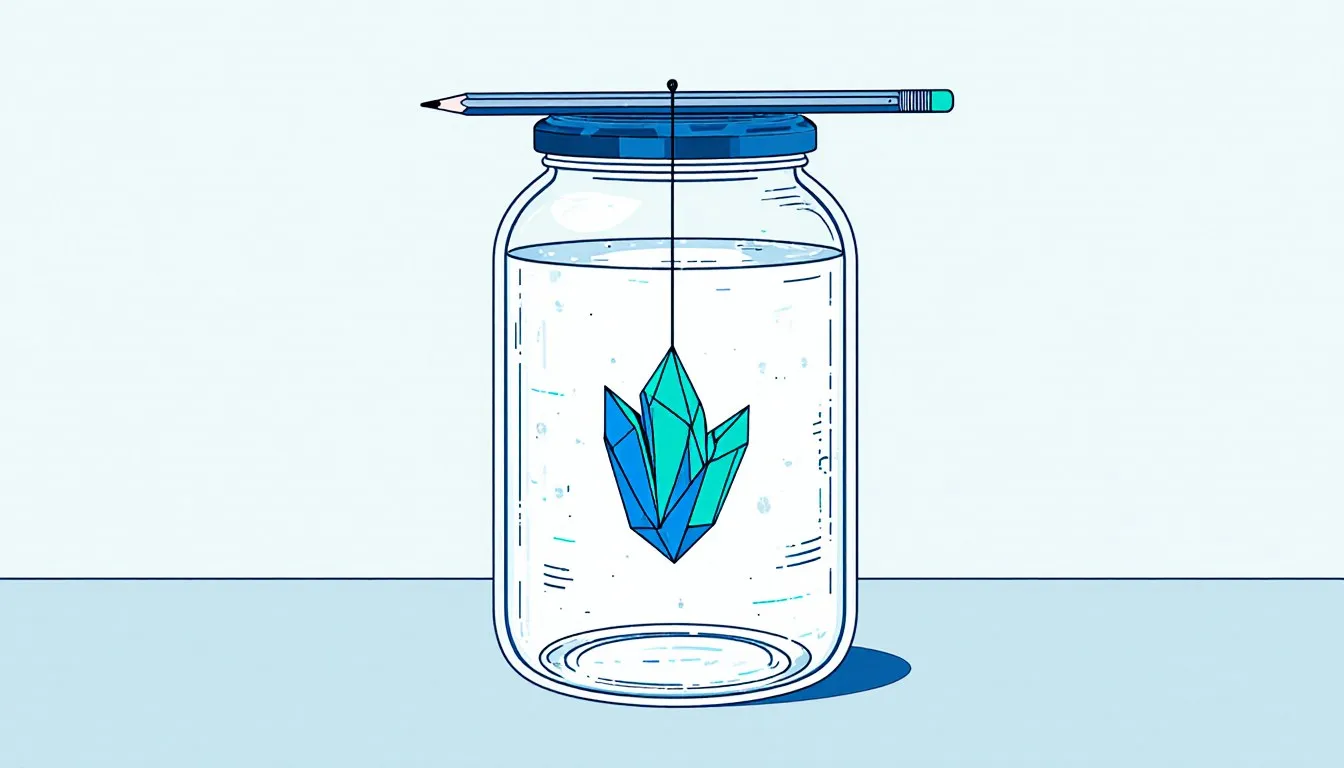 A large faceted alum crystal suspended by a string from a pencil balanced across a glass jar