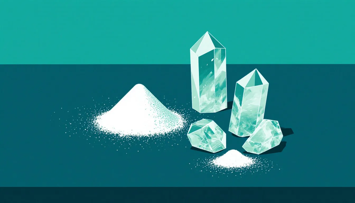 Translucent alum crystal chunks beside a mound of fine white alum powder