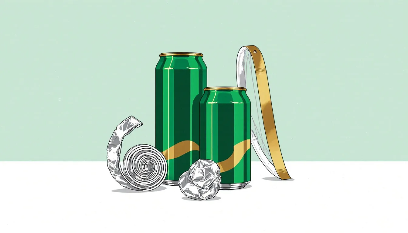 An aluminum can, foil coil, and bicycle wheel rim arranged together, representing aluminum's many everyday uses