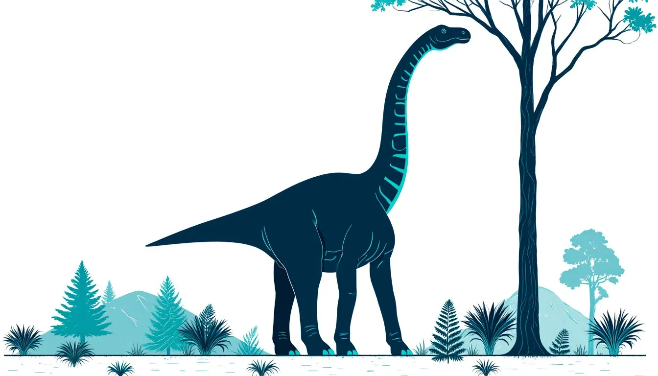 Illustration of a towering Brachiosaurus browsing treetop foliage among cycads in a Jurassic landscape