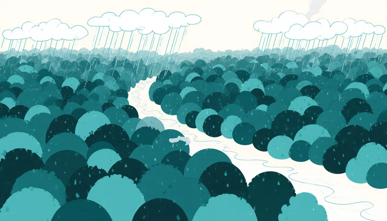 Illustrated aerial view of the dense Amazon rainforest canopy, a winding river, rain clouds, and a small cleared patch with