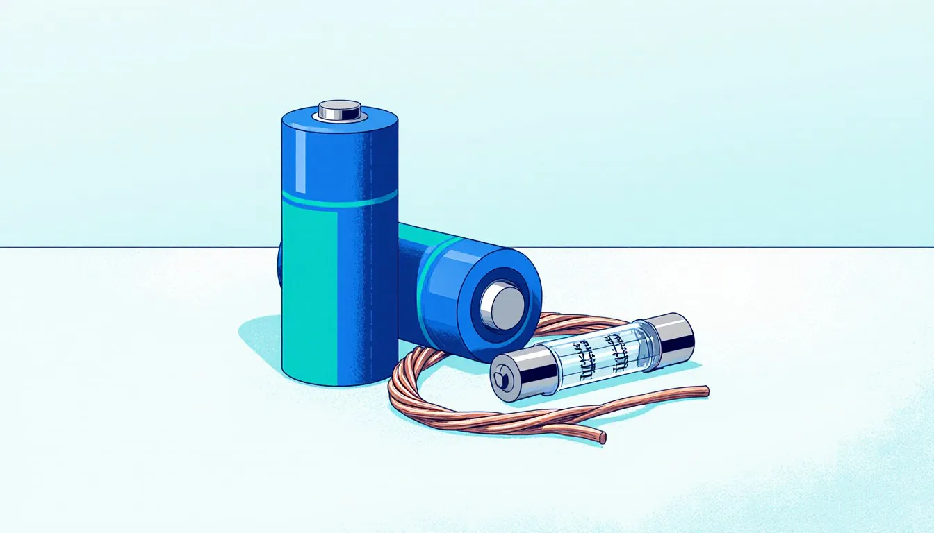 A battery, coiled wire, and glass fuse arranged together as basic electrical circuit components