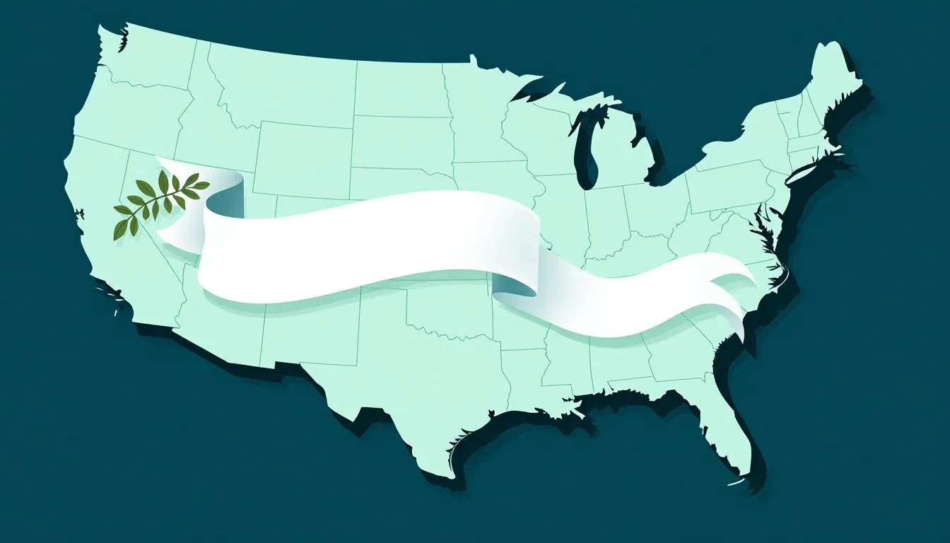 Silhouette of the United States map with a blank heraldic ribbon banner draped across it, evoking state mottos