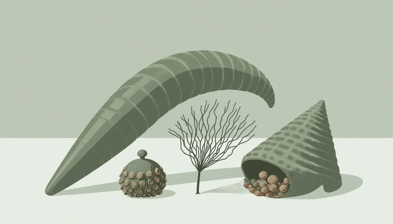 Illustration of Ordovician sea life: a straight-shelled orthoceras, a stalked cystoid, and a branching graptolite colony
