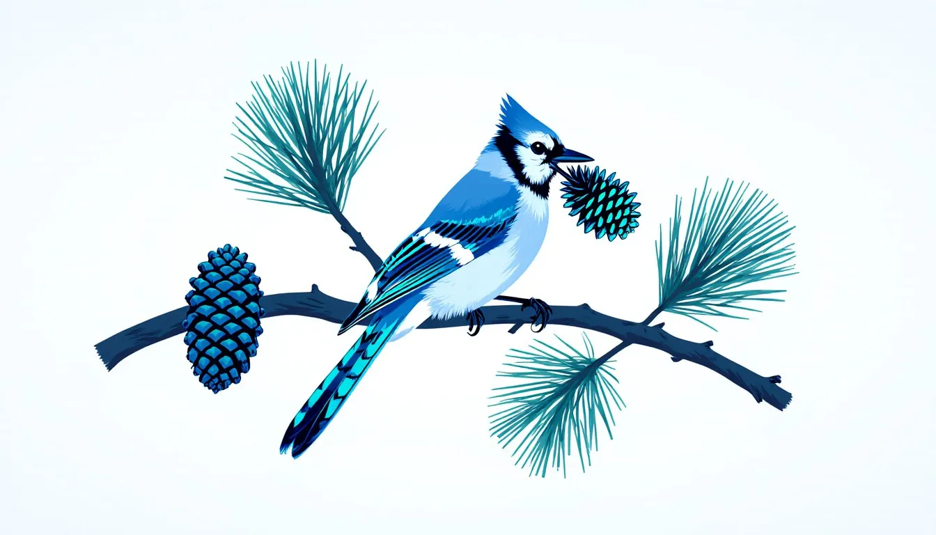 A corvid gripping a pine cone while perched on a pine branch, illustrating a mutualistic taiga relationship