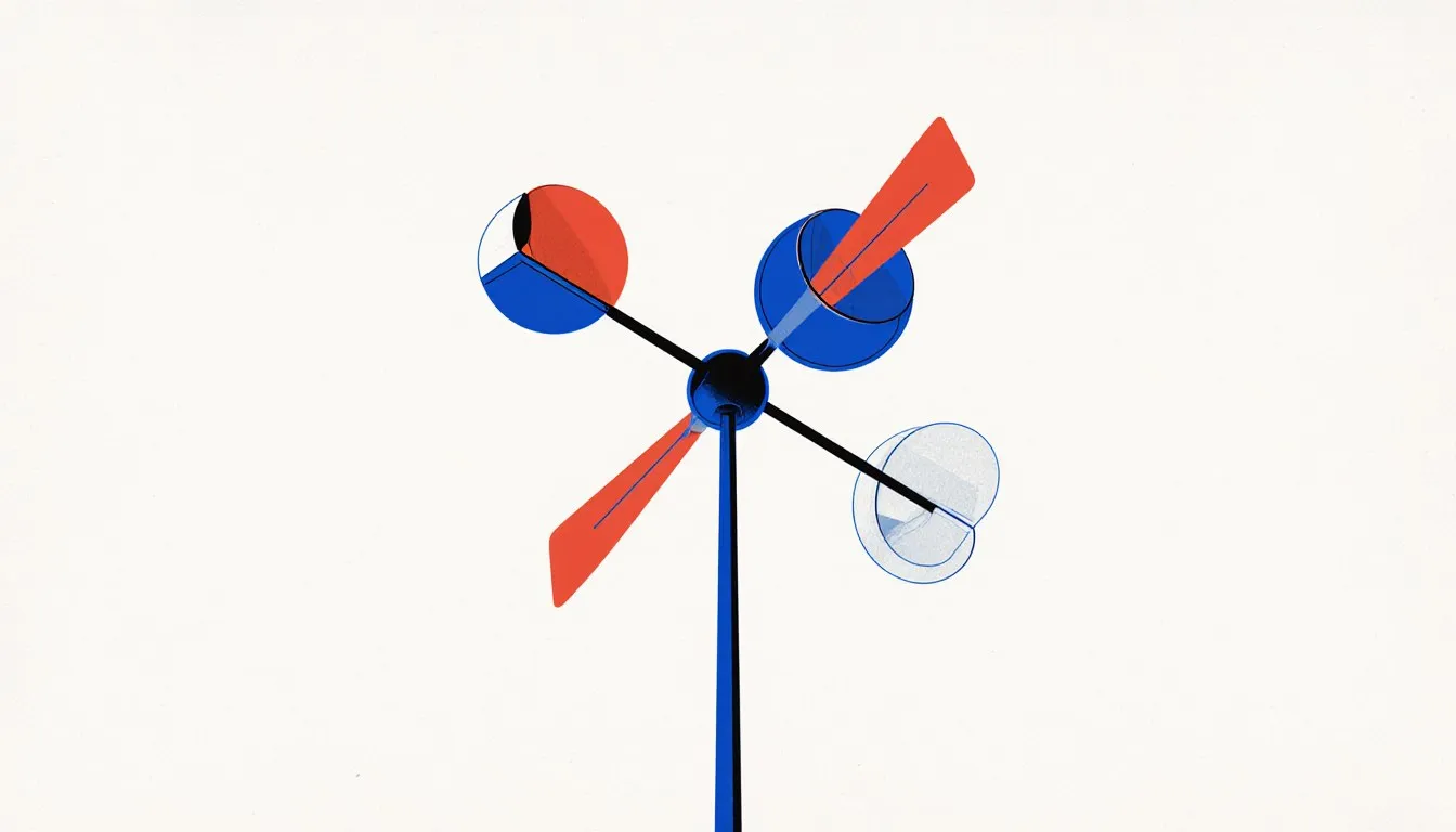 A cup anemometer with three rotating hemispherical cups mounted on a pole against open sky