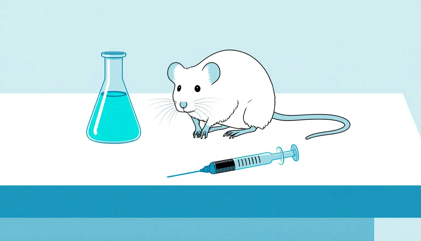 Illustration of a white laboratory mouse beside a specimen vial and syringe, representing animal testing in research
