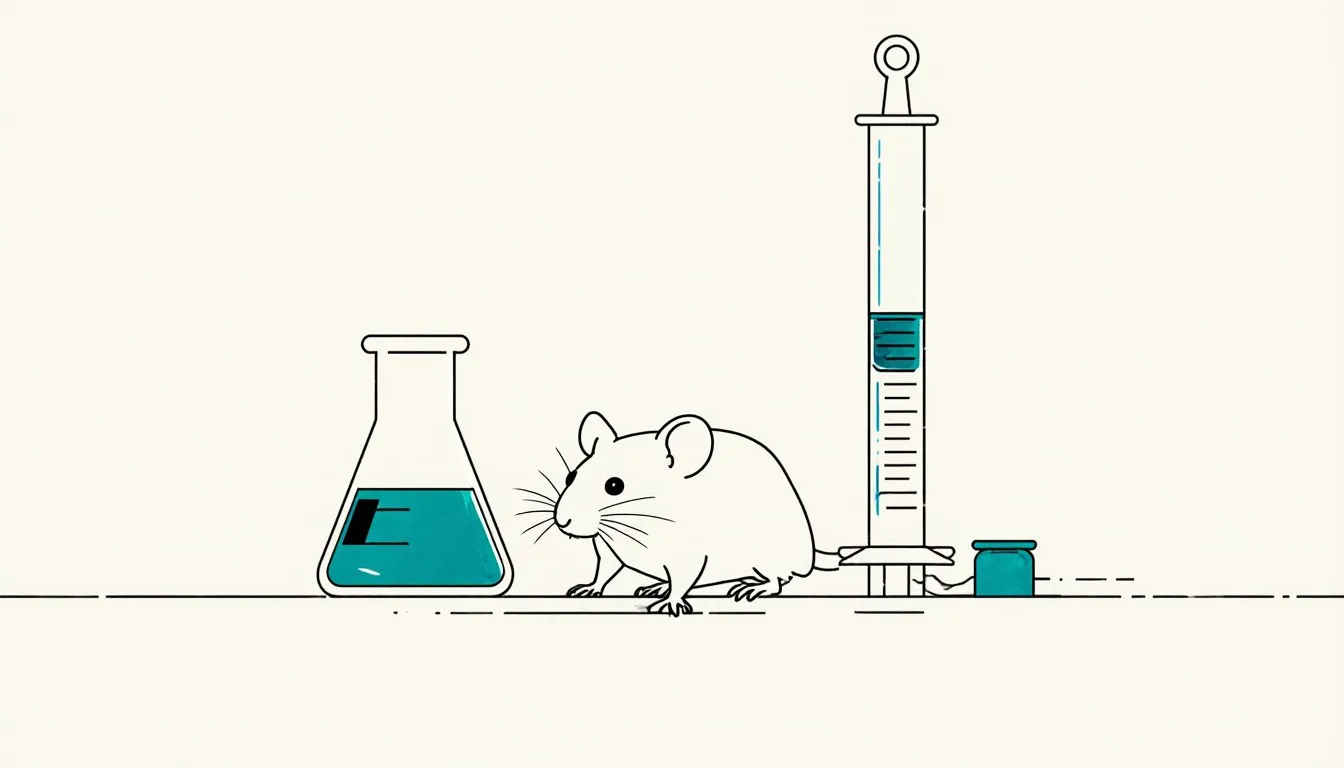 A white lab mouse beside a glass beaker and syringe, representing animal testing in medical research.