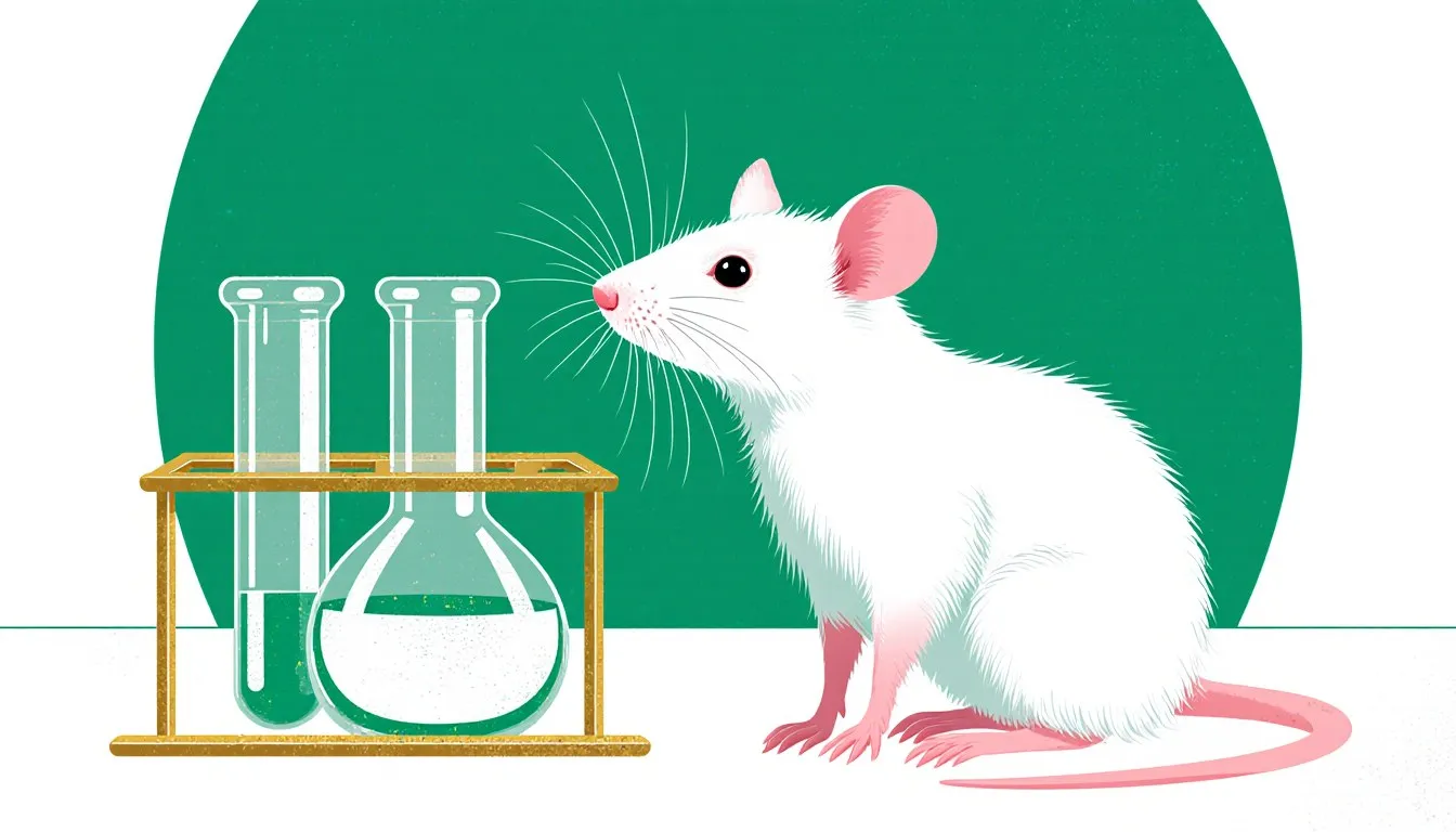 A white laboratory mouse beside a rack of test tubes, representing the animals used in research testing