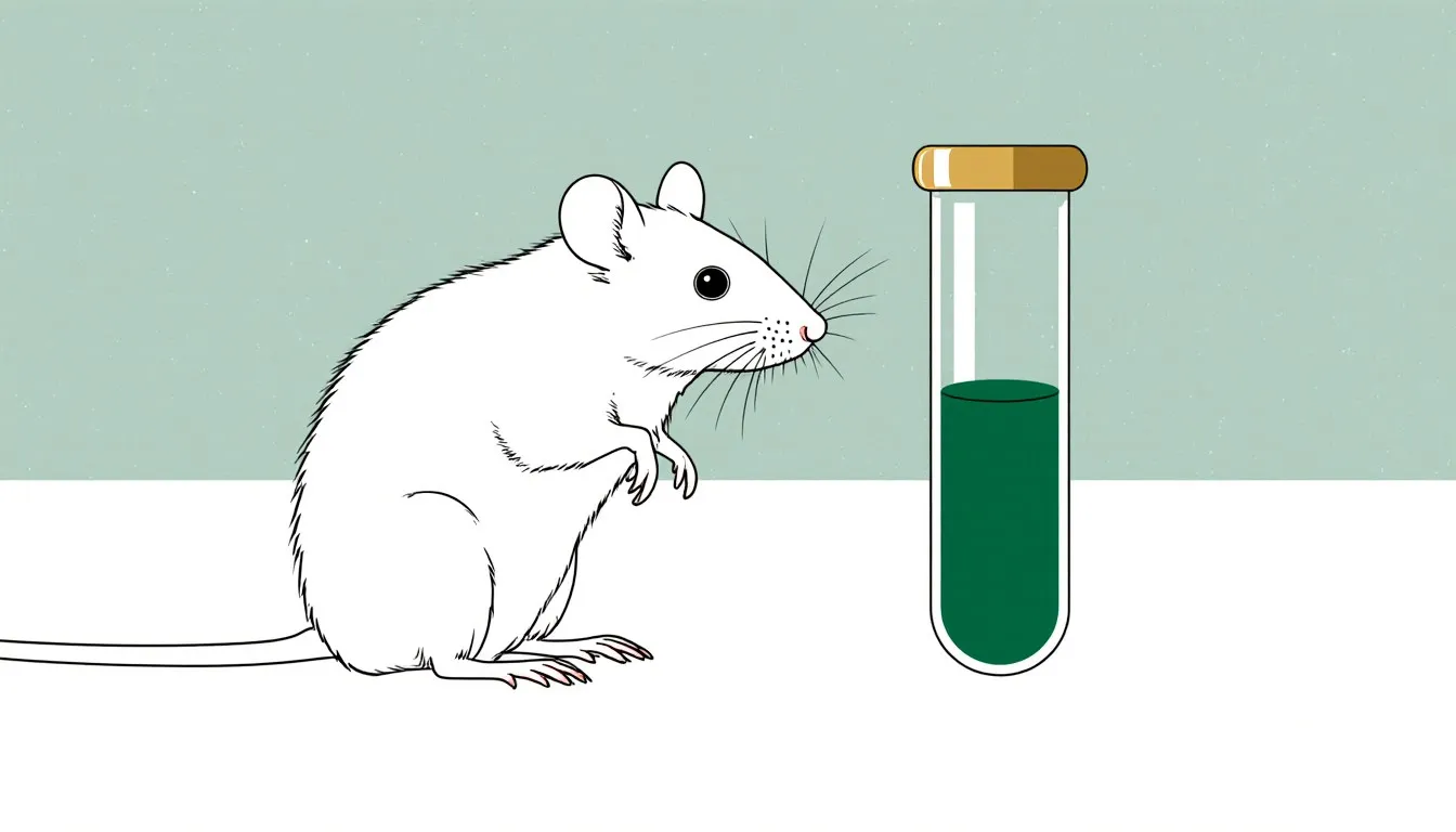 Illustration of a white laboratory mouse beside a glass test tube, representing animals used in research testing