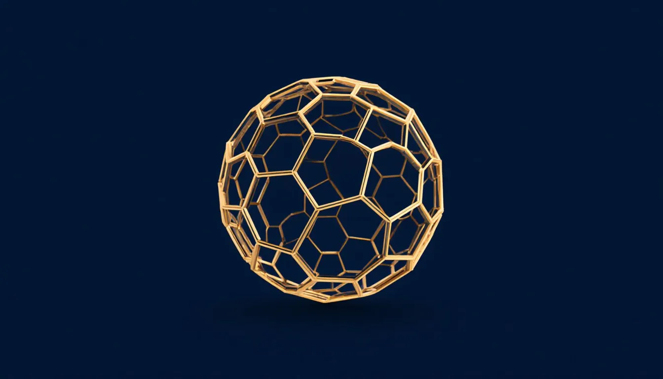 A fullerene molecule illustrated as a hollow geodesic sphere of hexagonal and pentagonal carbon rings