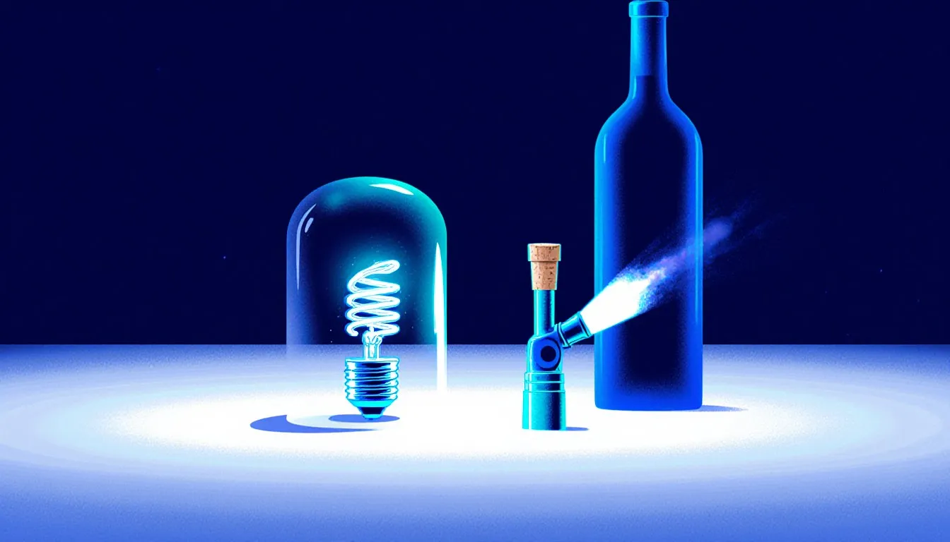 A glowing light bulb, a welding torch arc, and a wine bottle grouped together, representing argon's varied uses