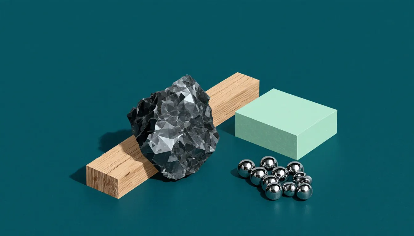 Still life of raw arsenic mineral, a wood plank, and steel ball bearings representing arsenic's industrial uses
