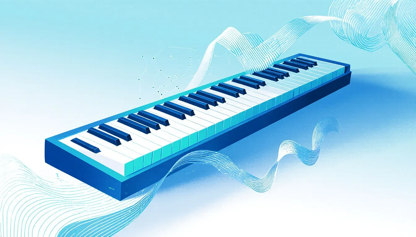 Illustration of a blue piano keyboard with flowing waveforms weaving around it