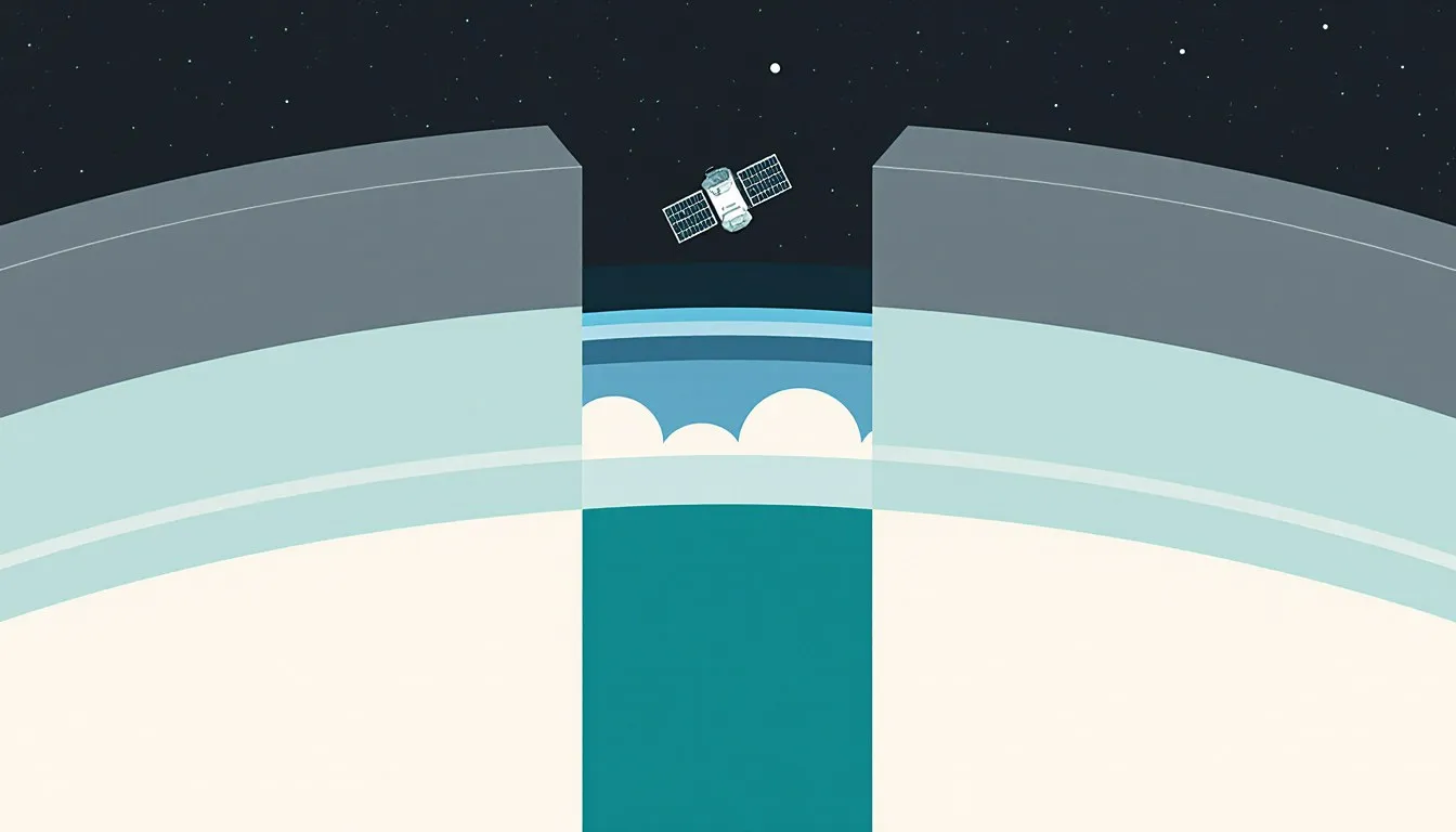 Cross-section of Earth's atmosphere rising in layered bands from the surface to a satellite in space