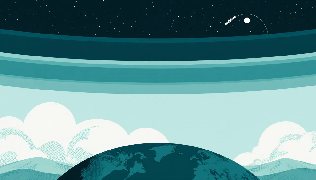 Earth's curved horizon rising through distinct atmospheric bands into the darkness of space