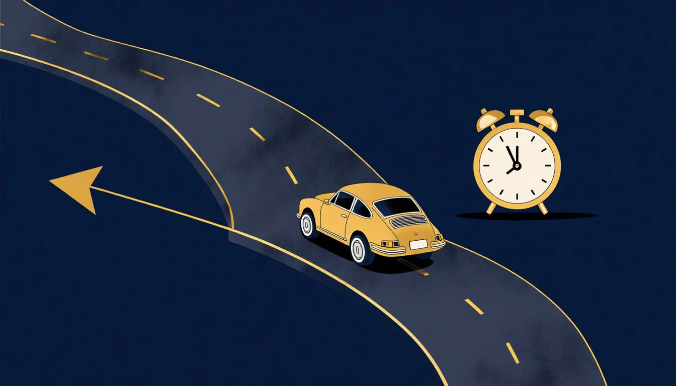 A toy car on a curving road with a directional arrow and a clock beside it, representing average velocity.
