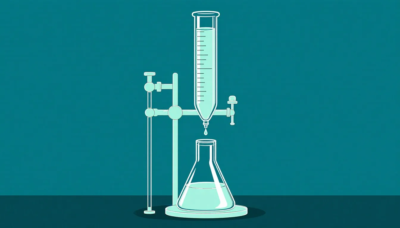 A laboratory burette dripping titrant into a flask of color-changed solution, illustrating a back titration setup