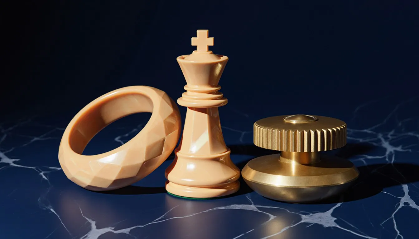 A bakelite bangle, chess knight, and radio knob grouped together, showing the material's dense glossy molded surface