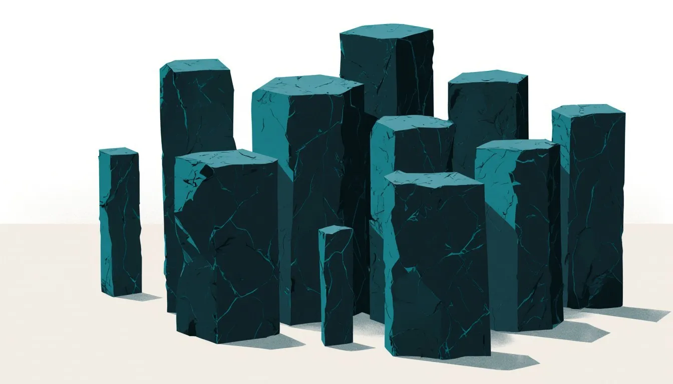 Illustration of a cluster of dark hexagonal basalt columns