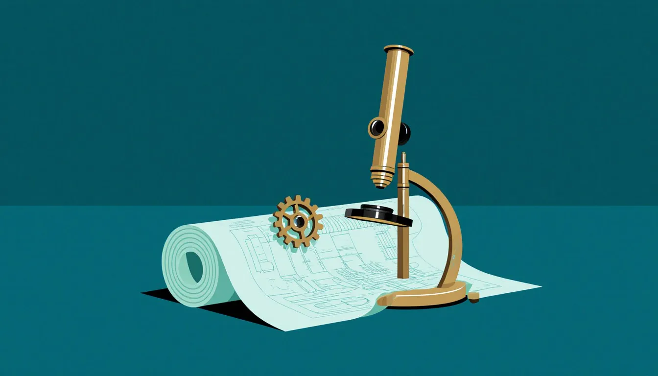 A microscope beside a rolled blueprint and gear, representing basic and applied research