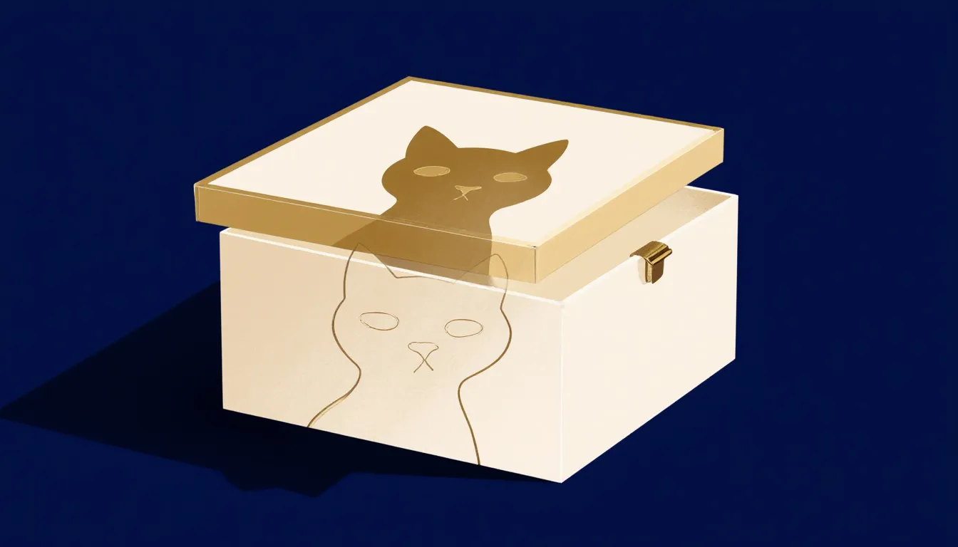 A sealed box with a translucent, overlapping cat silhouette inside, representing Schrödinger's quantum superposition thought