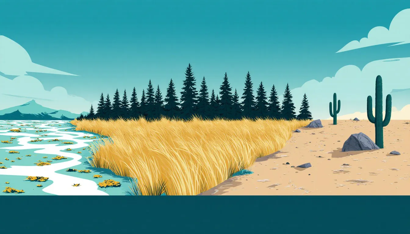 Illustrated horizon spanning North America's biomes: snowy tundra, conifer forest, prairie grassland, and desert with cacti.