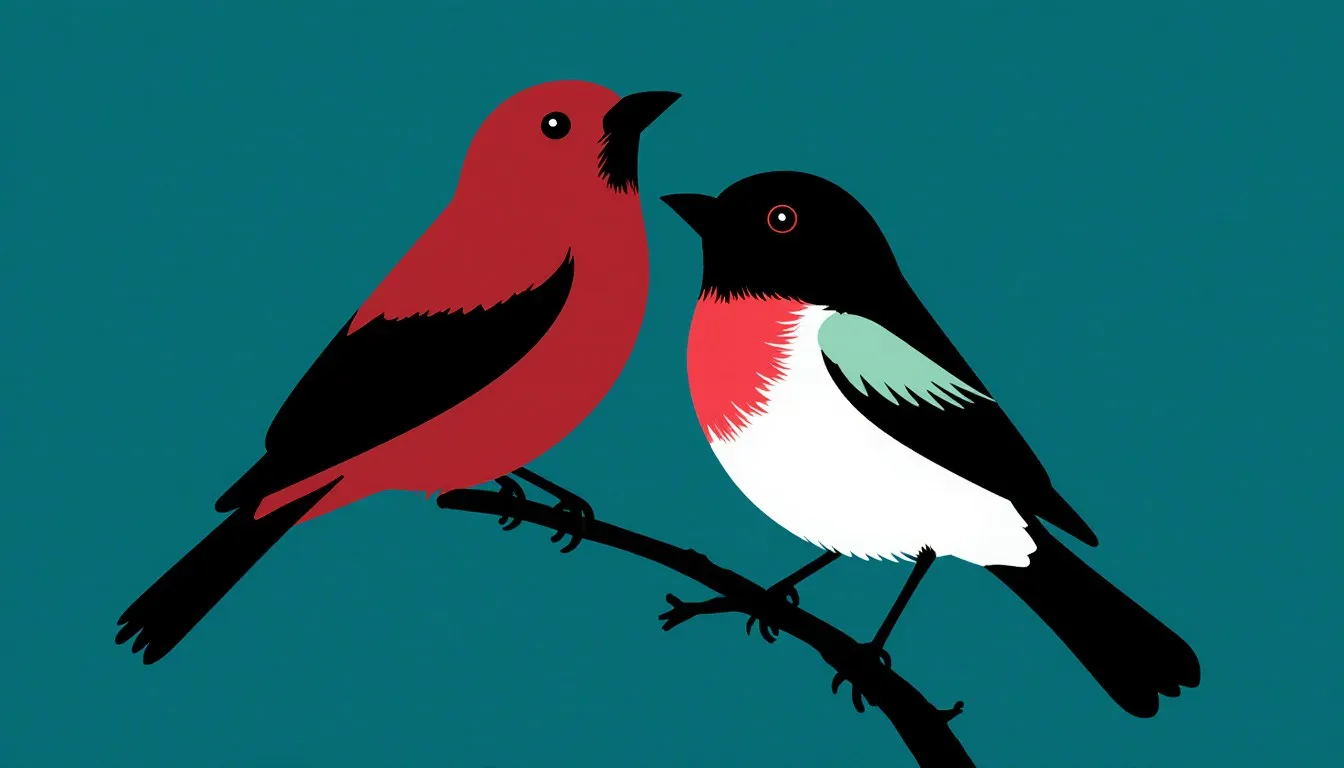 A scarlet tanager and a rose-breasted grosbeak perched together, their contrasting colors illustrating bird identification