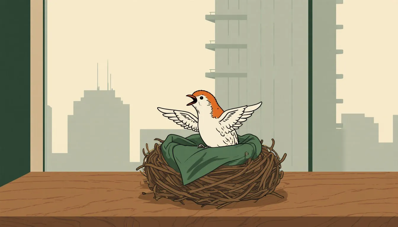 A downy baby cuckoo fledgling rests in a cloth nest on an office desk beneath a window overlooking a tall building.
