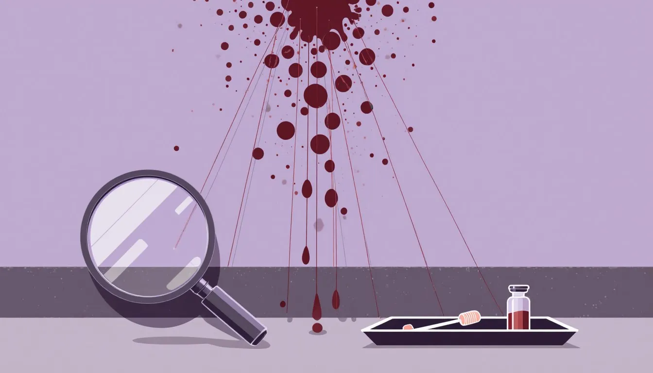 Blood spatter droplets on a wall with strings tracing trajectory angles to a convergence point, illustrating bloodstain