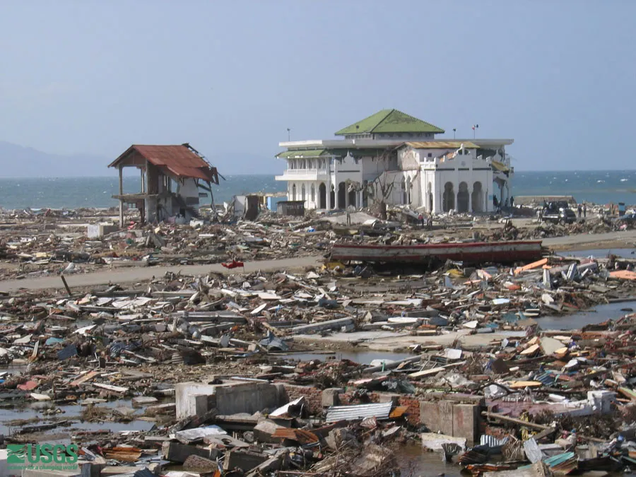 Flattened coastal neighborhood in Banda Aceh after the 2004 Indian Ocean tsunami