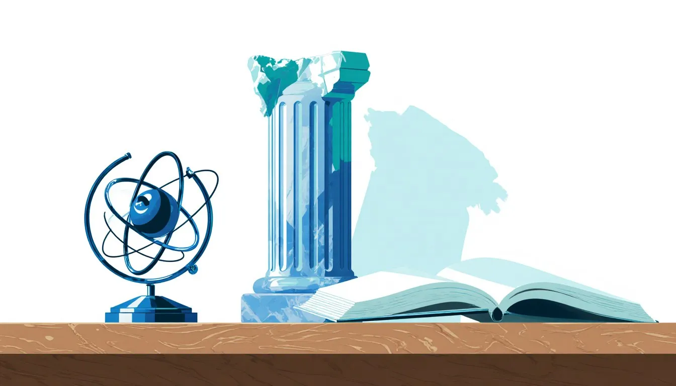 An armillary sphere, a marble column fragment, and an open book arranged on a desk, evoking the branches of metaphysics