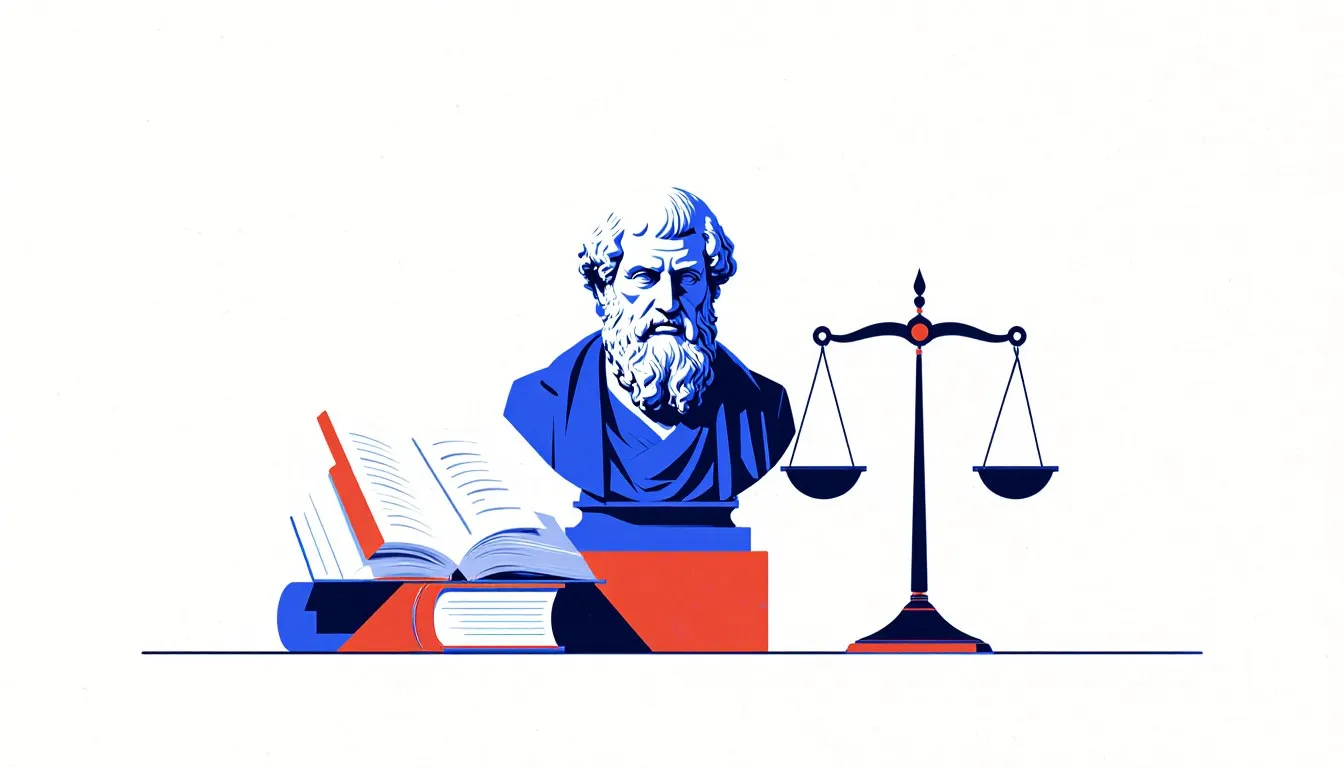 A marble philosopher's bust, an open book, and a balance scale grouped together as symbols of philosophy