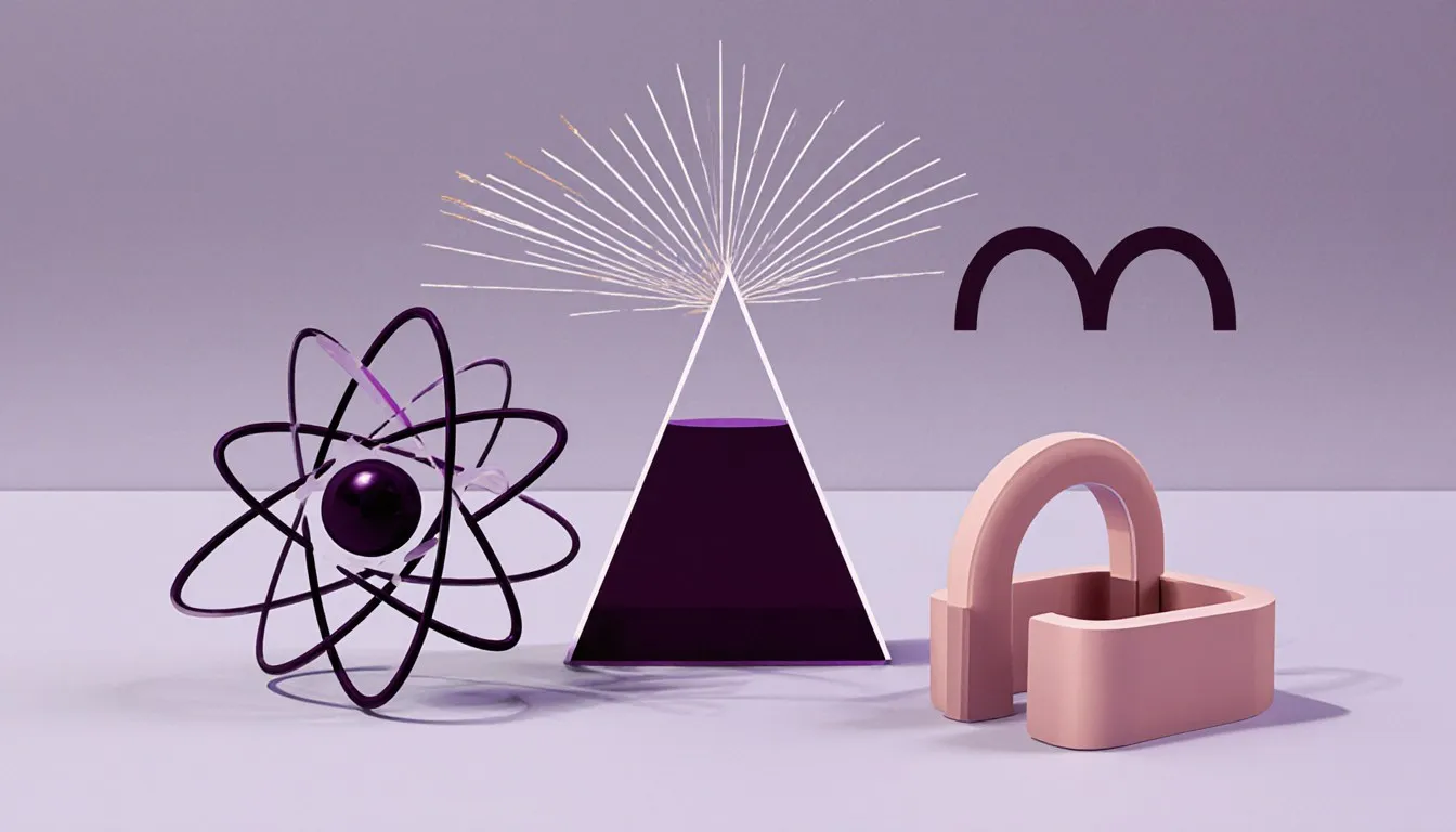 An atom model, a light-splitting prism, and a horseshoe magnet arranged together, representing the branches of physics