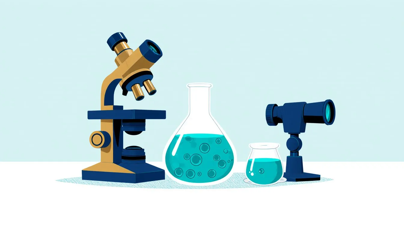 A microscope, a flask, and a telescope arranged together, representing the many branches of science